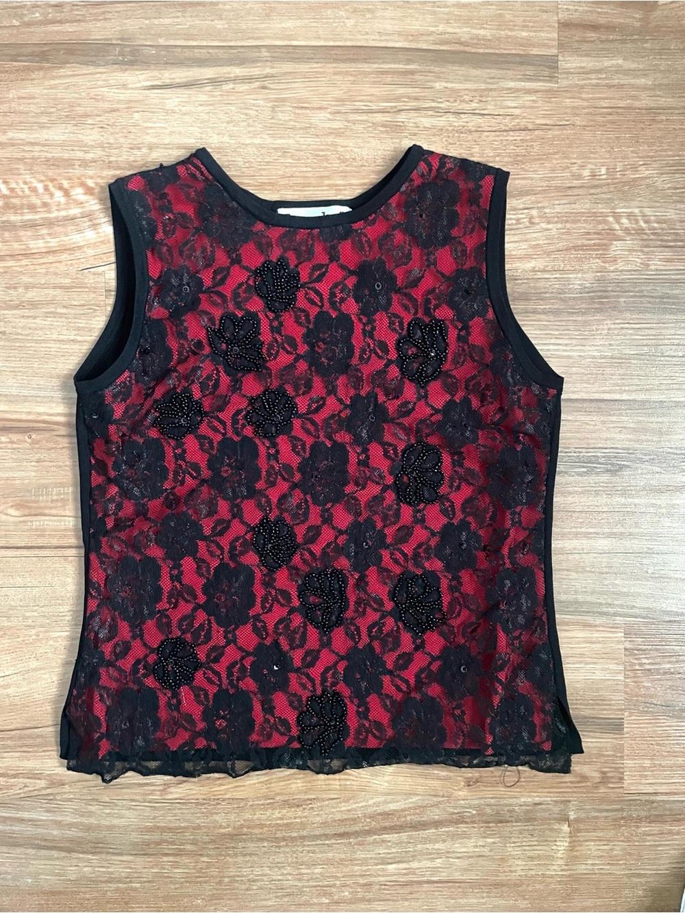 Vintage Joseph A. Beaded Red Lined Black Floral Lace Tank